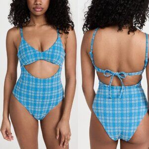 New! Free People Devon Windsor Milena Full Piece Blue Plaid NWT 30673